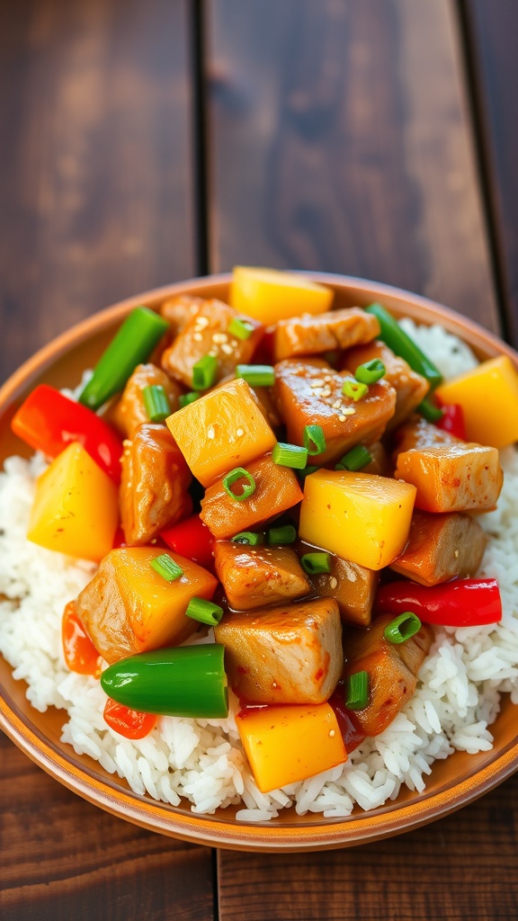 A colorful sweet and sour pork stir fry with pork, bell peppers, and pineapple over rice, garnished with sesame seeds on a wooden table.